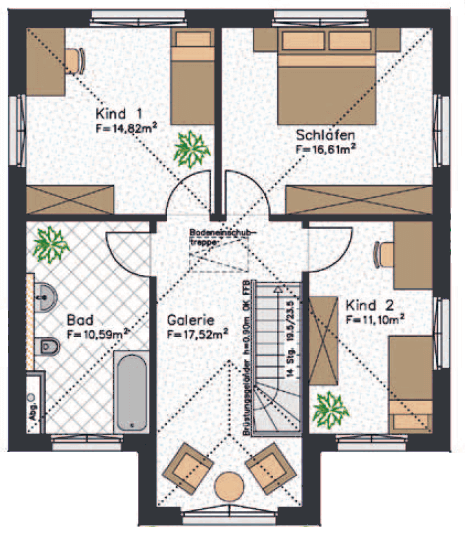 Grundriss Stadtvilla mit Windfang - Im Obergeschoss erhรคlt man dank des Windfanges Platz fรผr eine Sitzecke oder Stauram wie Schrรคnke und Kommoden
