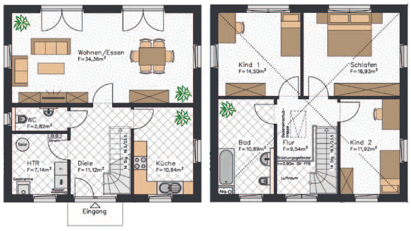 Klassischer Grundriss einer Stadtvilla mit separater Kรผche und zwei Kinderzimmern