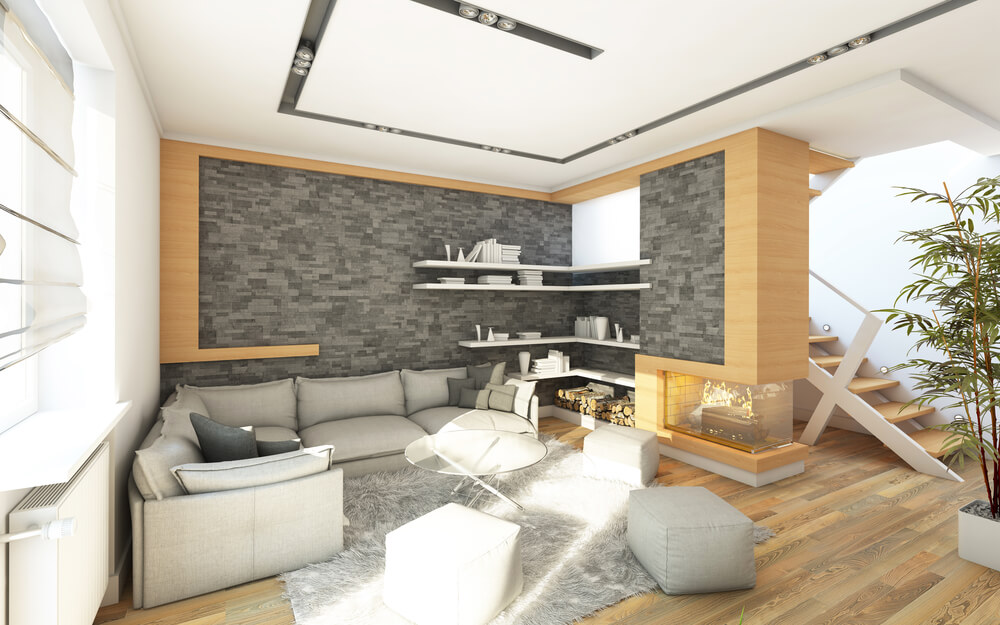 Wandgestaltung Wohnzimmer Steinoptik mit einem schönen Kamin